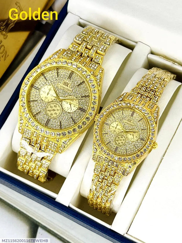 Stainless Steel Couple Watches with Diamond Stone Detailing
