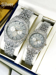 Stainless Steel Couple Watches with Diamond Stone Detailing