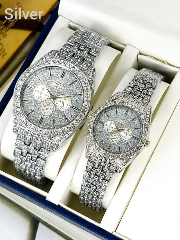 Stainless Steel Couple Watches with Diamond Stone Detailing