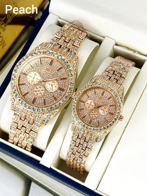 Stainless Steel Couple Watches with Diamond Stone Detailing