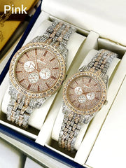 Stainless Steel Couple Watches with Diamond Stone Detailing