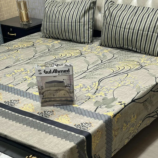 3 Pcs Cotton Sotton Printed Double Bedsheet
