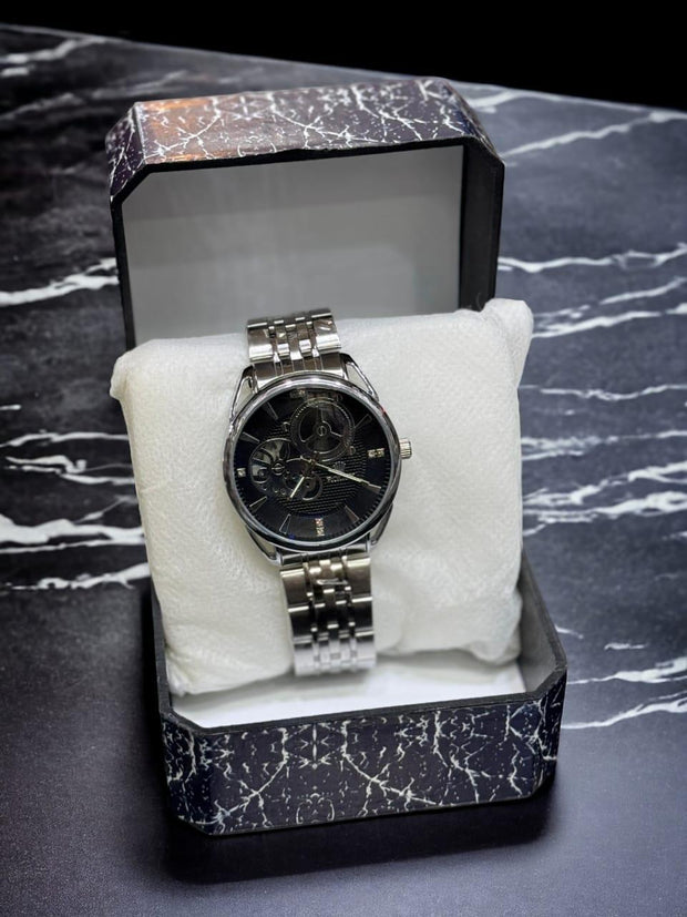 Men’s Silver Round Quartz Watch – 1 Pc