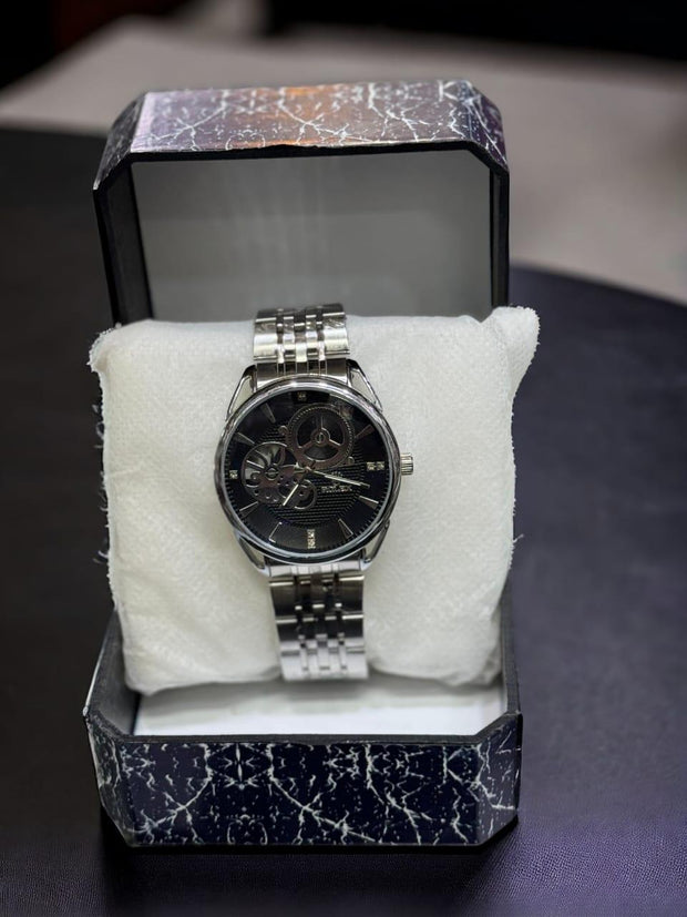 Men’s Silver Round Quartz Watch – 1 Pc