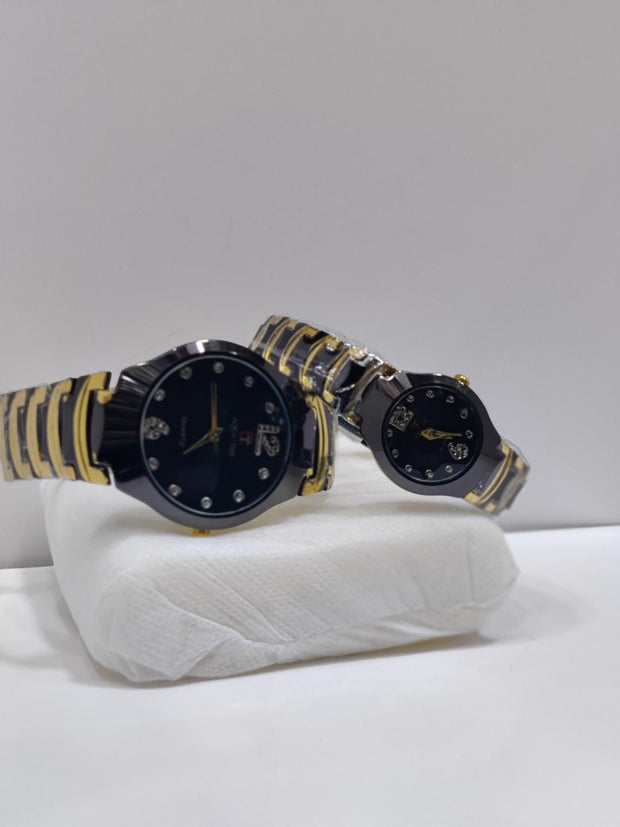 Couple’s Black & Gold Chain Watches – Elegant Quartz Analog Set